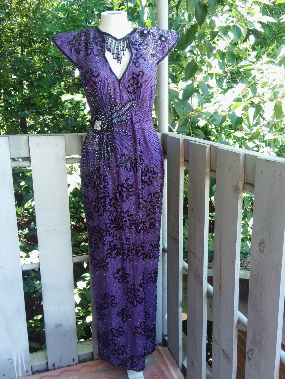 Vintage 80s Sequin Beaded Silk Purple Evening Gown Dress Sz 10